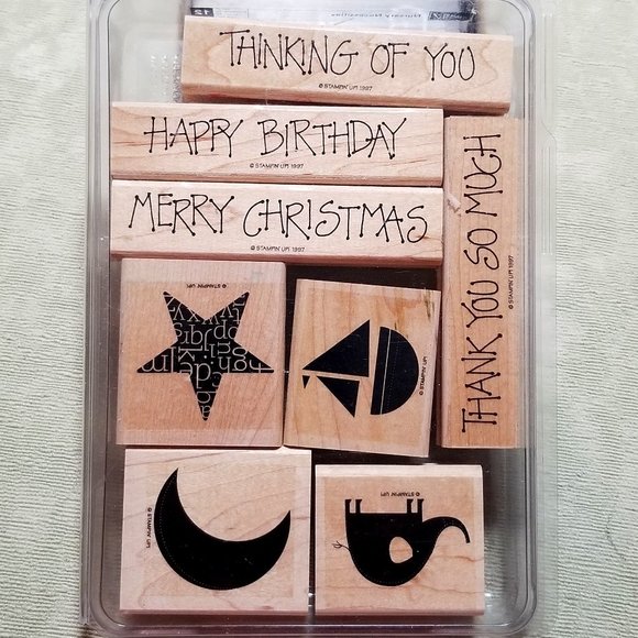 Stamping Up Other - 1997-Stampin Up Wood Rubber Stamps Thank You Happy Birthday, Star & Moon Plus